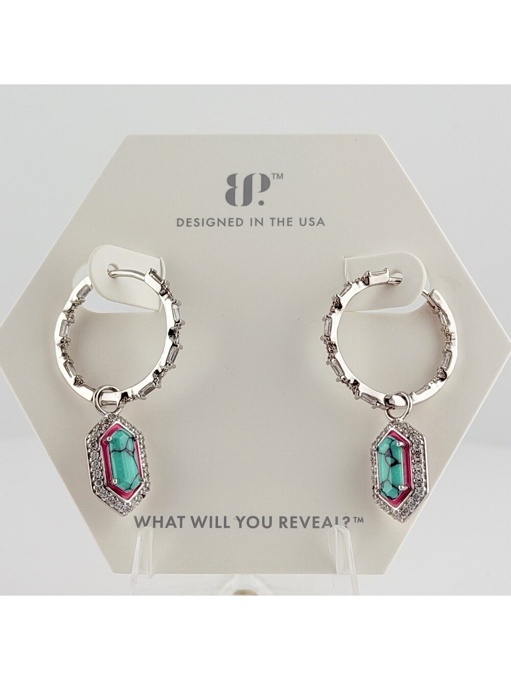 Bomb Party Enamel "The Saylor Earrings” Turquoise & Rose Corundum on Rhodium